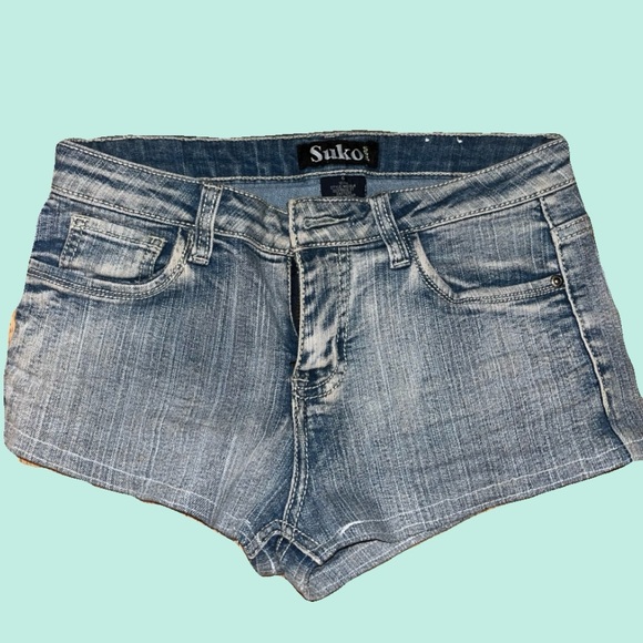 SUKO JEANS DENIM SHORTS BLING 2000s back with embroidered pockets w/ rhinestone - Picture 2 of 2